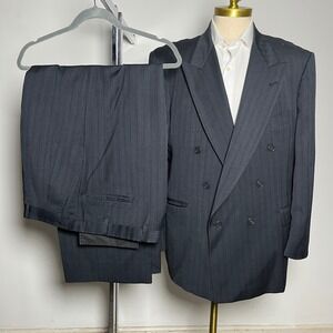 Stafford Executive Suit Mens 46R 40x30 Gray Pinstripe Double Breasted Wool